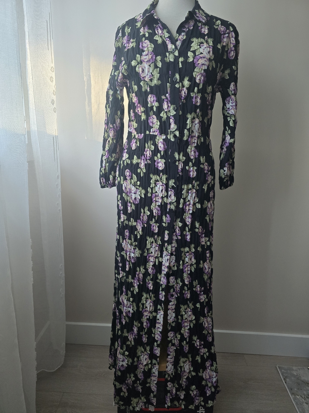 Zara Black Floral Maxi Dress with Purple and Green Flowers
